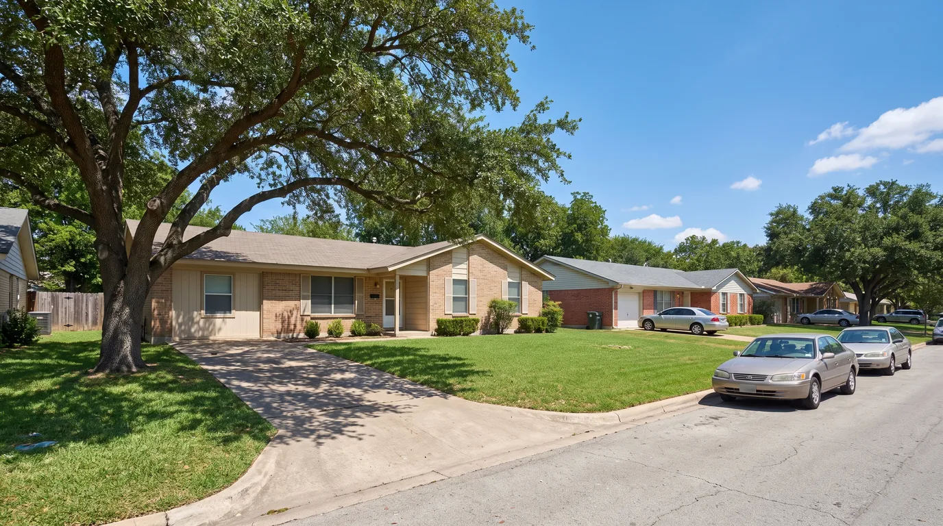 A quiet Austin street of brick ranch houses under big live oak trees