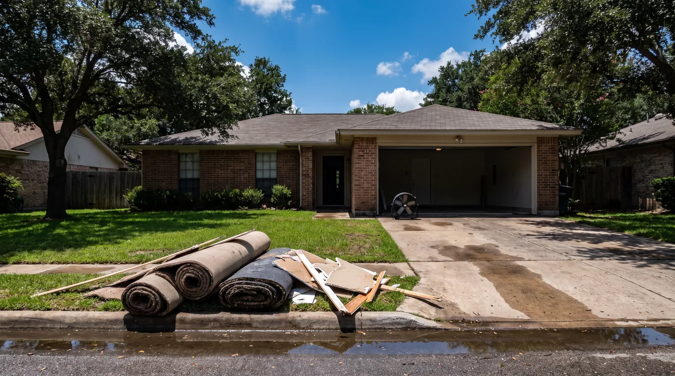 An Austin ranch house the morning after a storm, with soaked carpet rolled at the curb