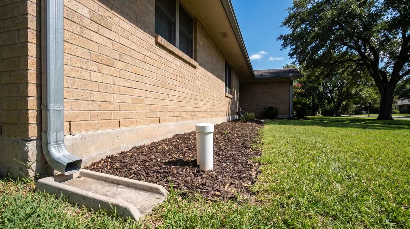 A white sewer cleanout pipe in a flower bed beside a brick house, near a downspout