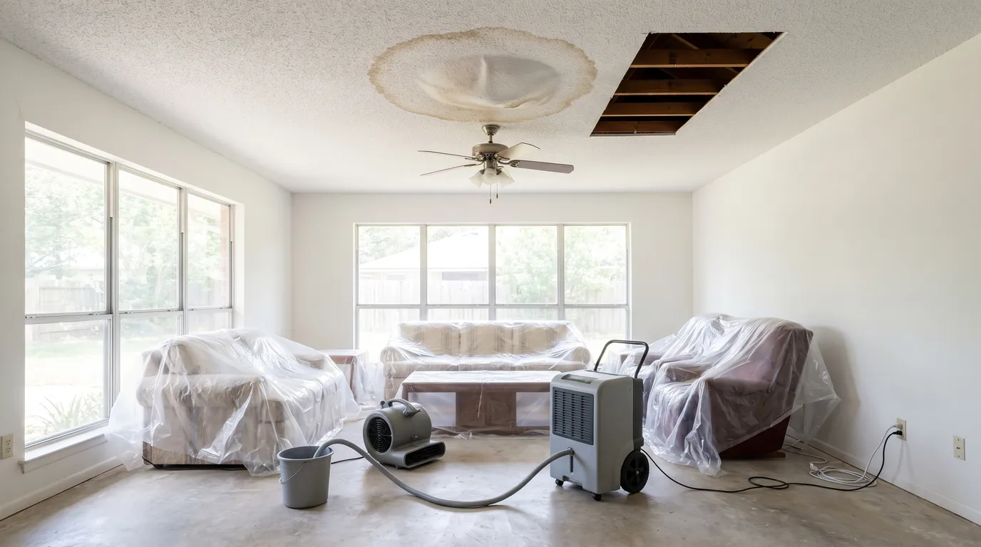 A water-stained living room ceiling with a section cut out above furniture wrapped in plastic