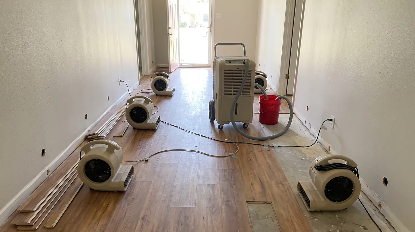 A hallway with flooring pulled up and air movers and a dehumidifier running