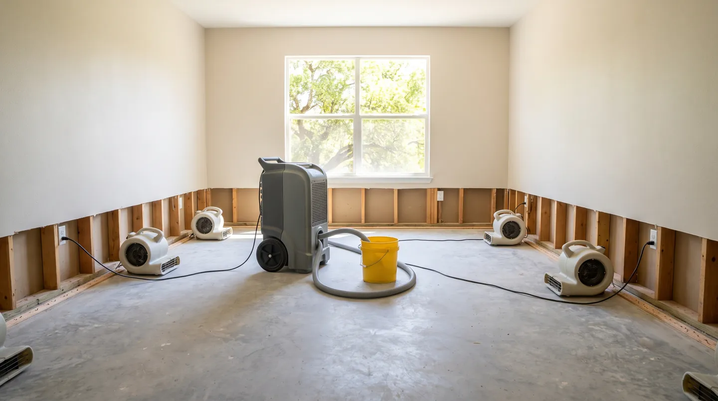 An emptied Austin living room during drying, the drywall cut away two feet up and air movers and a dehumidifier running