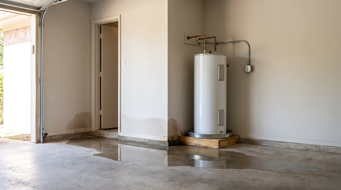 An electric tank water heater on a platform in a garage, with a puddle spreading across the floor